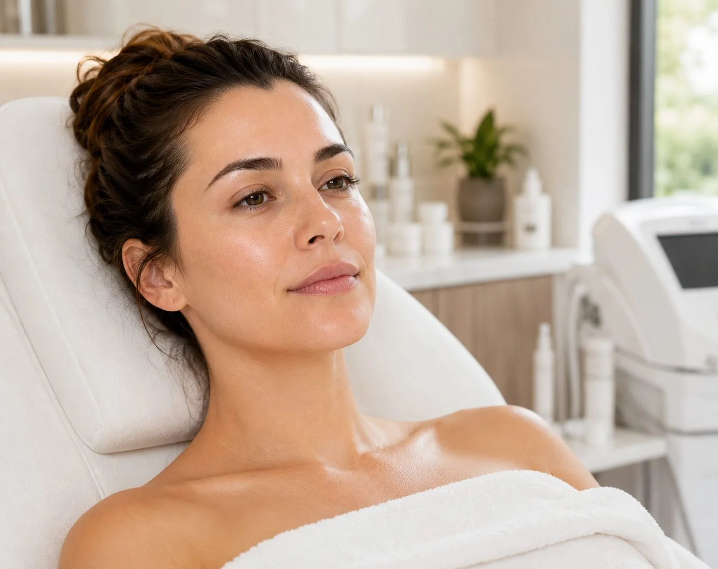 Cliente détendue et souriante sur la table de soins de la clinique