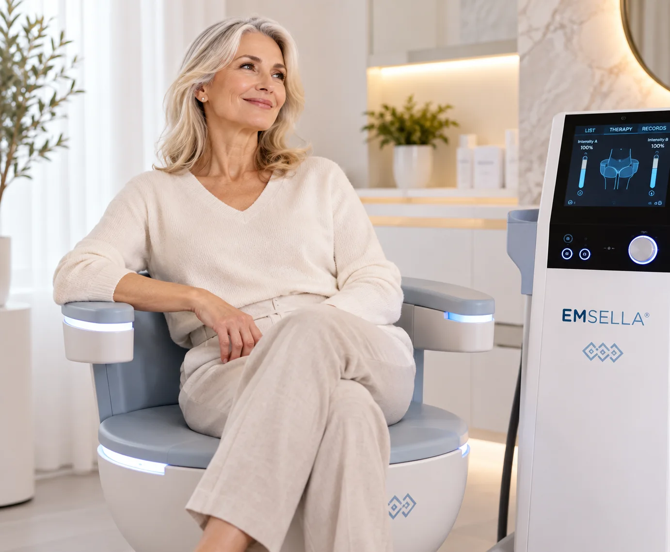 Femme assise habillée sur le fauteuil Emsella