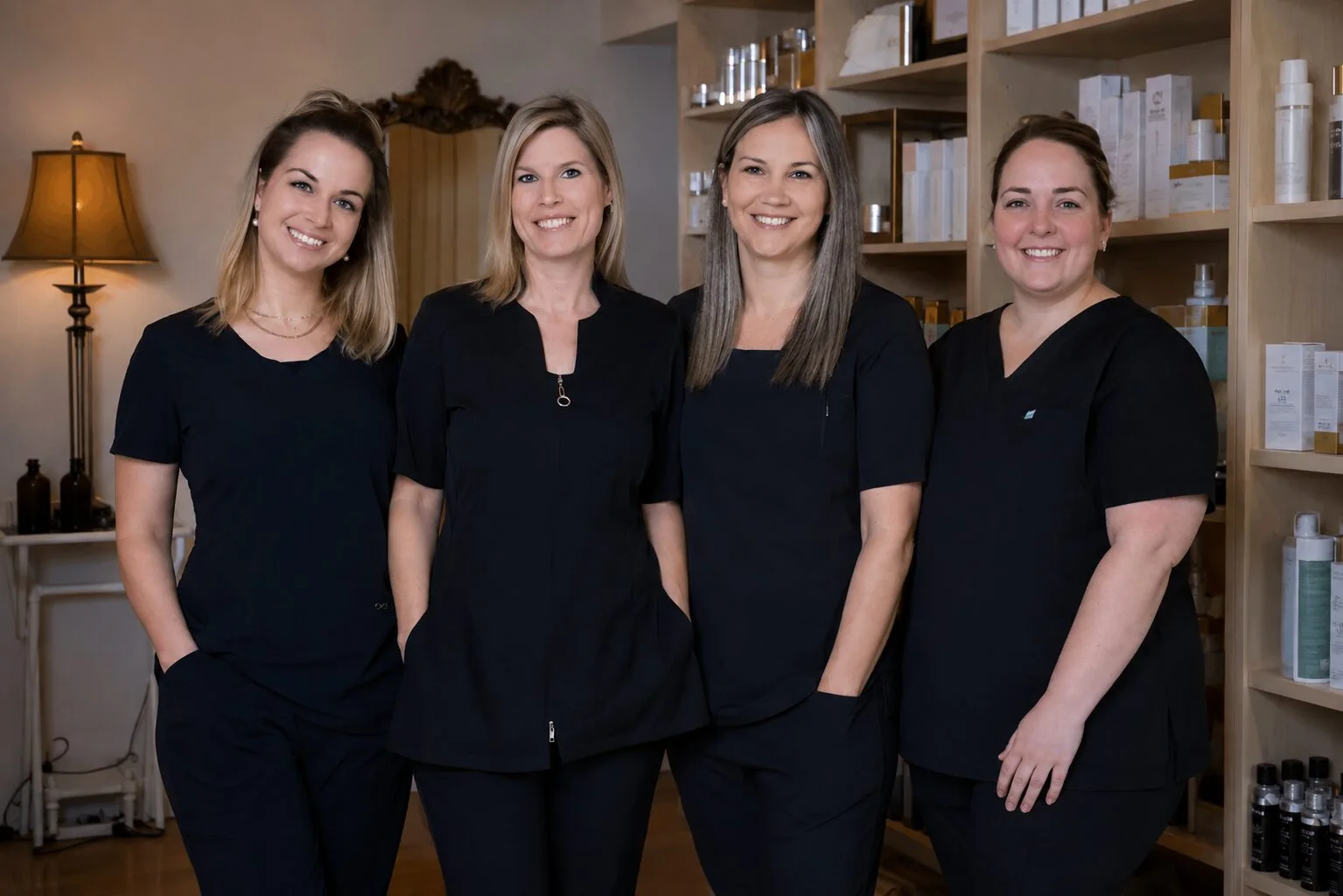 Quatre membres de l'équipe de la clinique en uniforme noir, souriantes, dans la boutique de produits