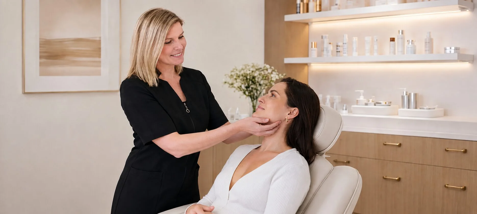 Une esthéticienne de la clinique évalue délicatement le visage d'une cliente dans une salle de soins lumineuse