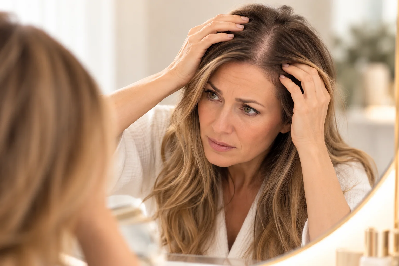 Femme examinant ses cheveux devant le miroir