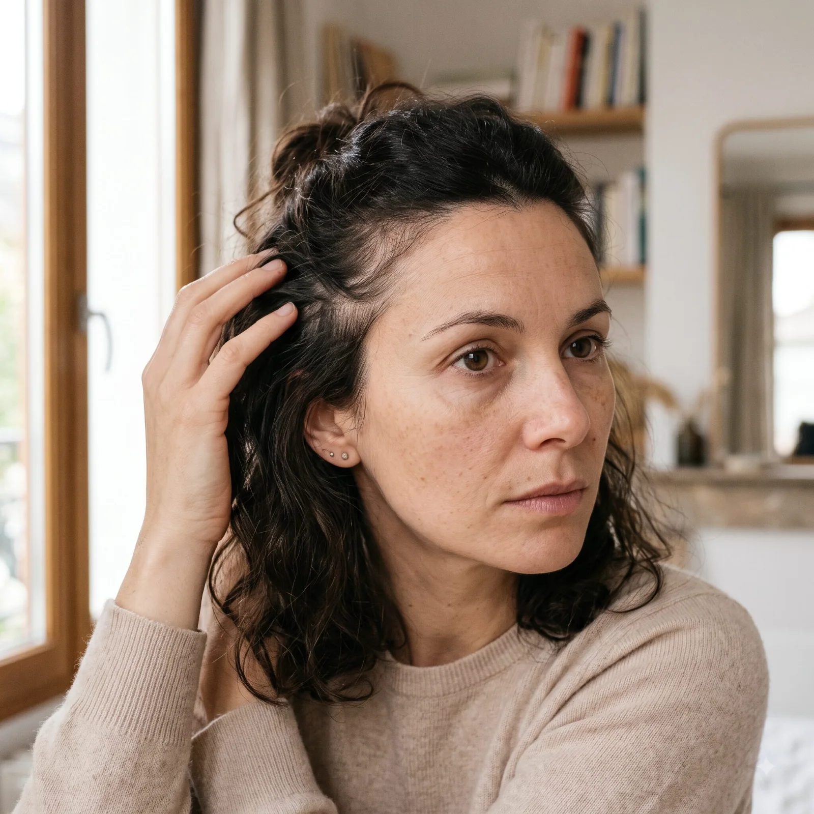 Femme passant la main dans ses cheveux en examinant son cuir chevelu