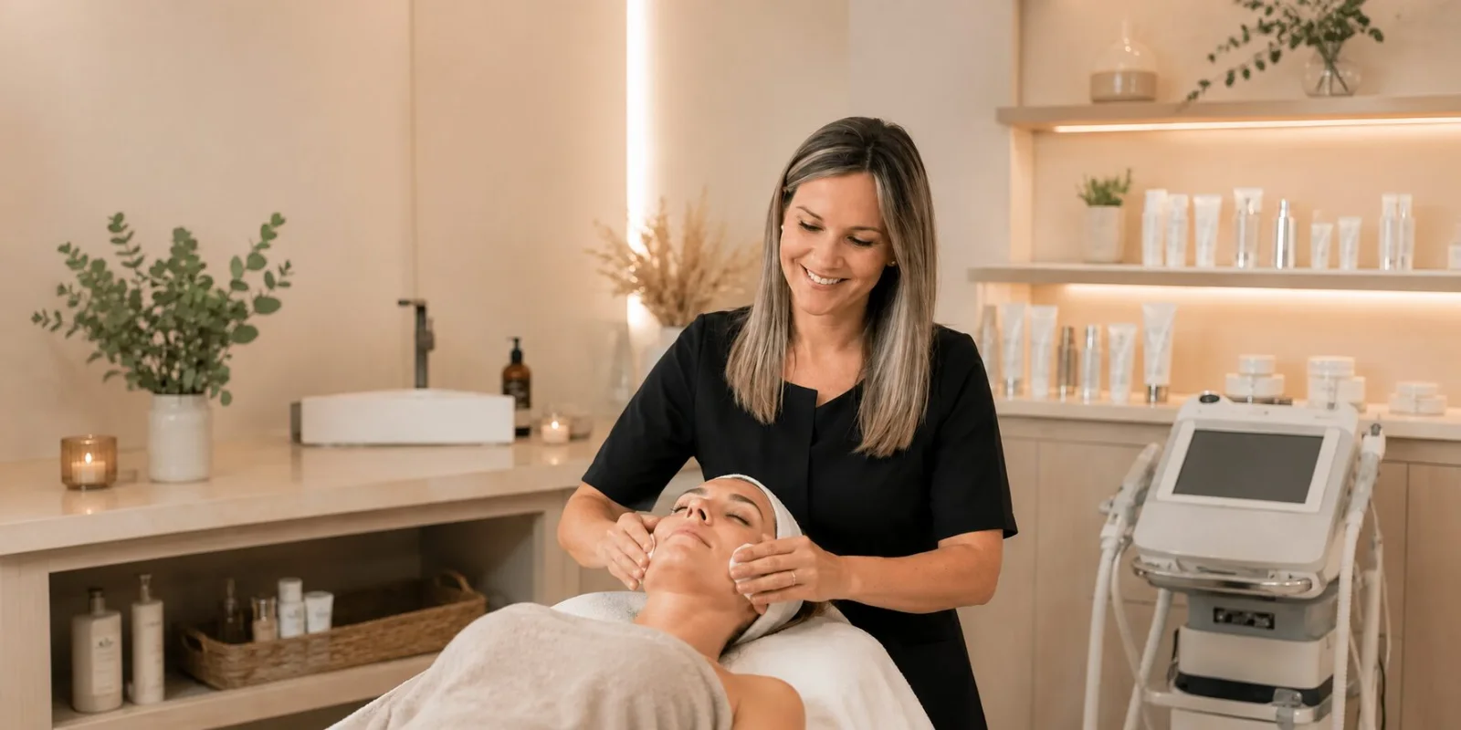 Esthéticienne de la clinique réalisant un soin du visage dans une salle lumineuse