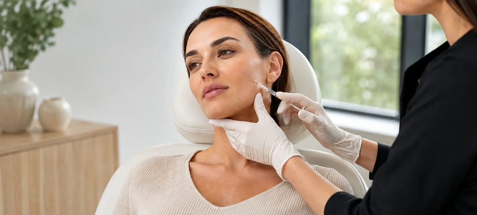 Une professionnelle évalue le visage d'une cliente avant un soin médico-esthétique