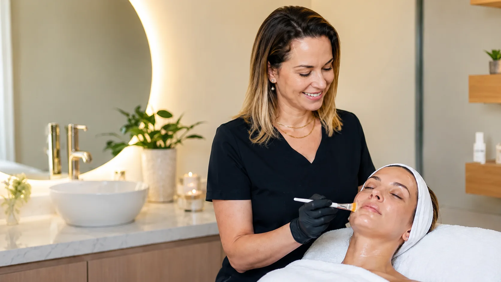 Application d'un masque au pinceau pendant un soin du visage